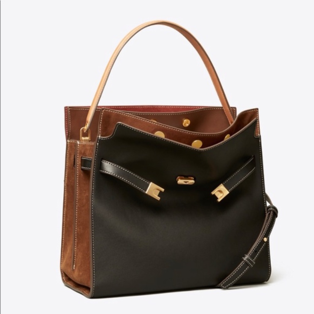 Tory Burch Black and Brown Leather Tote with Tan Handle